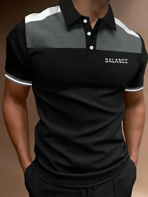 Men's Patchwork Letter Print Polo Shirt, Regular Fit Casual Short Sleeve Button Top, Fashion Men's Clothes for Summer 2