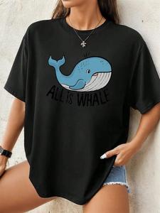 ImprinTee Women's Cartoon Whale Print Tee, Casual Drop Shoulder Short Sleeve T-Shirt for Summer, Ladies Clothes for Daily Wear