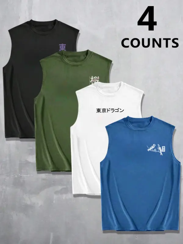 Men's Dragon & Letter Print Tank Top, Regular Fit Casual Sleeveless Round Neck Top for Summer, Men's Top for Daily Wear, Socks 5