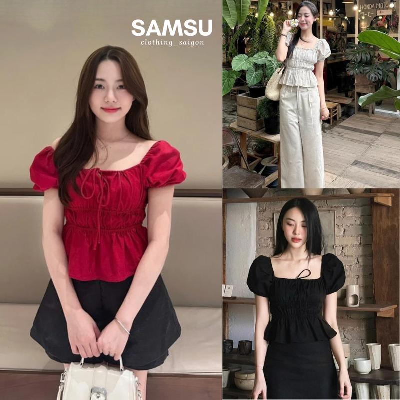 Áo Babydoll Linen Kiểu Xinh Tay Phồng Tiểu Thư Công Chúa Kimee House Bo Thân Nơ Coquette Ngực Xinh Xắn Samsu.clothing_saigon