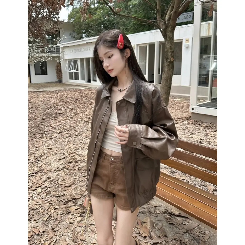 RICH-THEY Girls 'retro Ngắn Phong Cách Hàn Quốc Áo Khoác Da Dáng Rộng Đẹp Trai Áo Khoác Xe Máy | BigBuy360 - bigbuy360.vn