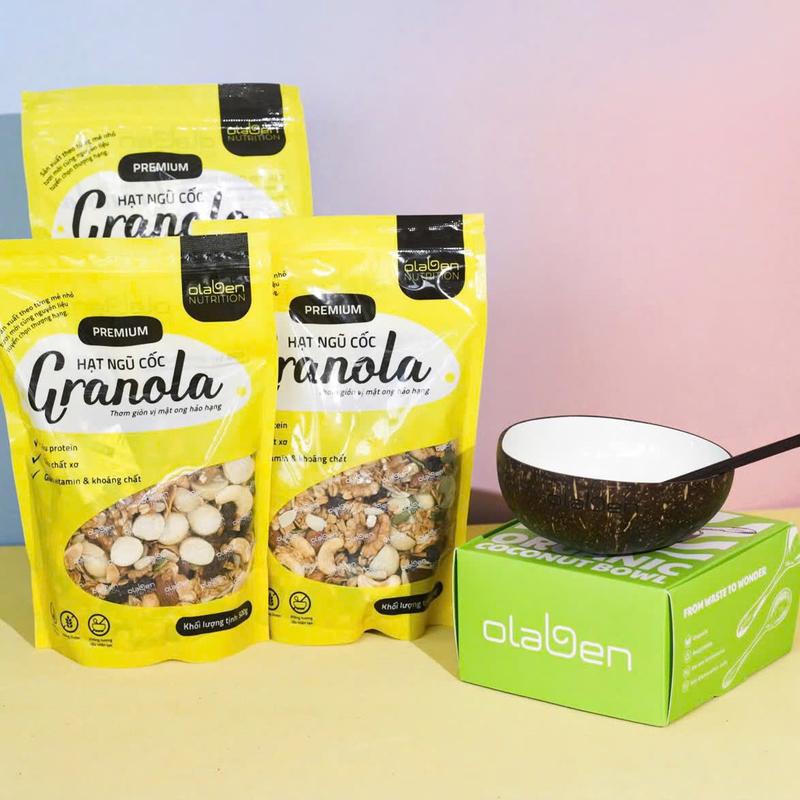 Olaben Nutrition - Combo 3 Túi Hạt Granola Mật Ong Vanilla (Vị truyền thống) 500gram Tặng 1 Bộ Bát Muỗng Dừa