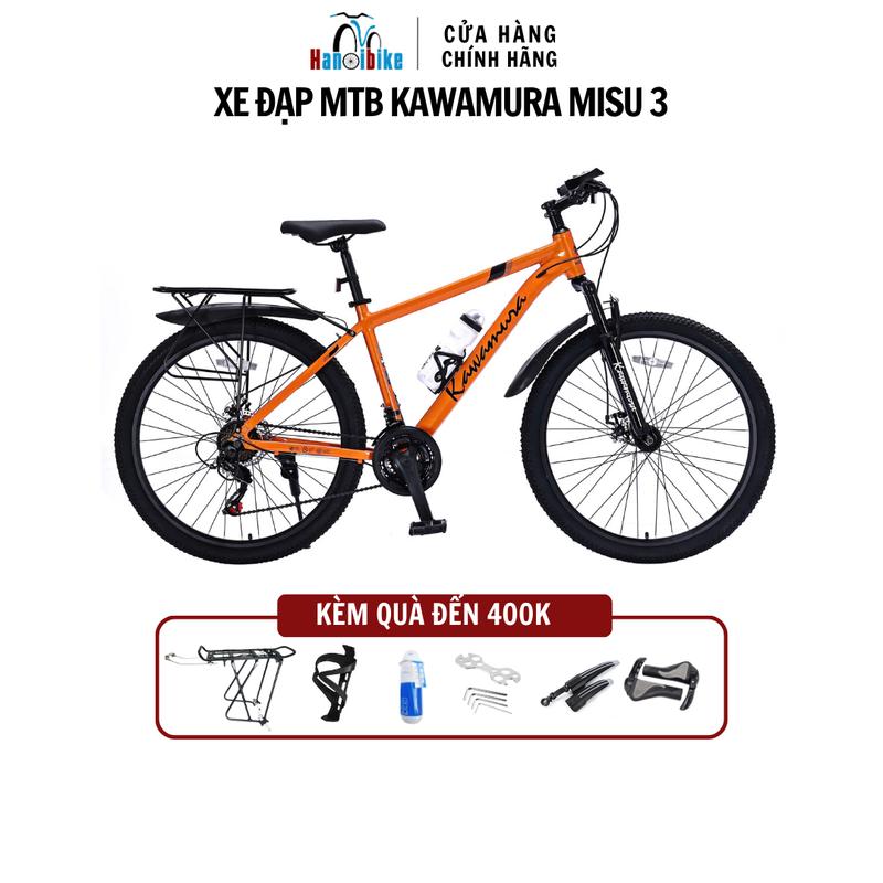 Xe đạp thể thao MTB Kawamura Misu 3 khung nhôm 6061 không mối hàn 26 inch phanh đĩa cơ Shimano Tourney 3x7 chính hãng kèm Gác baga phản quang trước sau tay nghỉ chân chống chắn bùn lục giác gọng bình nước bình nước