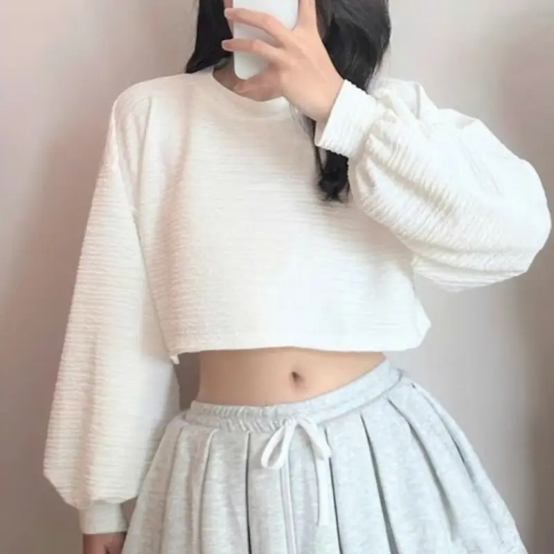 Áo thun nữ croptop xốp nhăn form rộng tay tay bồng áo thun dài tay cổ tròn trẻ trung phong cách Hàn Quốc A540 SUTANO 1