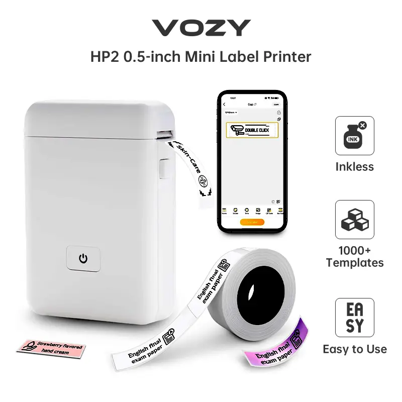 VOZY Portable Label Printer White Black Pink Green 12-15mm Width Cable Maker Tape Thermal Sticker mini labeller