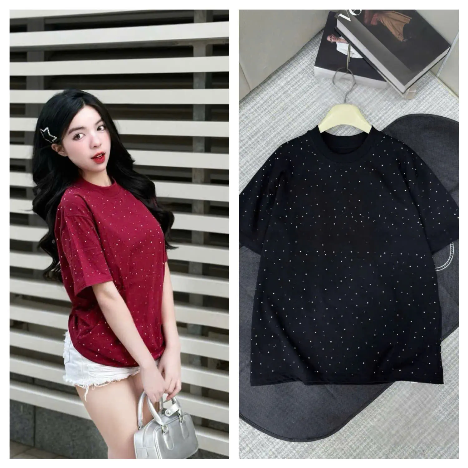 Áo Thun Nữ Đính Đá Cổ Tròn Tay Ngắn Form Thụng Dấu Quần Women Top Màu Đen