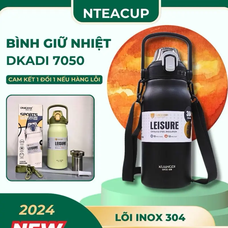 Bình Giữ Nhiêt KUANGDI 7050 Inox 304 Dung Tích 1300ml 1800ml Có Ống Hút Quai Xách Dây Đeo Lõi Lọc Trà Tiện Dụng 0