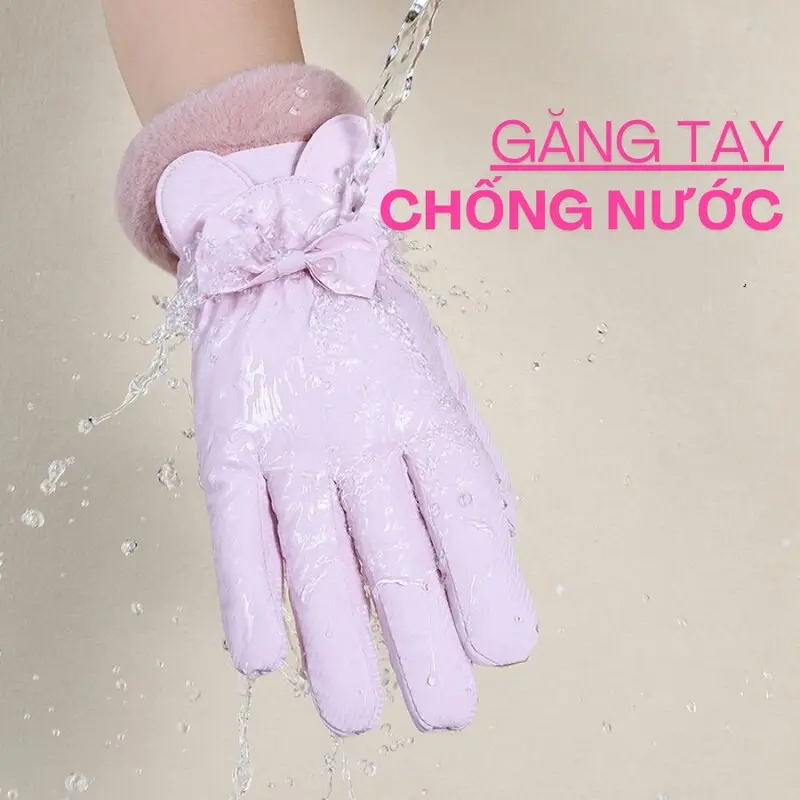 Găng tay nữ mùa đông lót lông cản gió, Găng tay vải chống nước giữ ấm gắn nơ thời trang SLEEPYCHIC 6