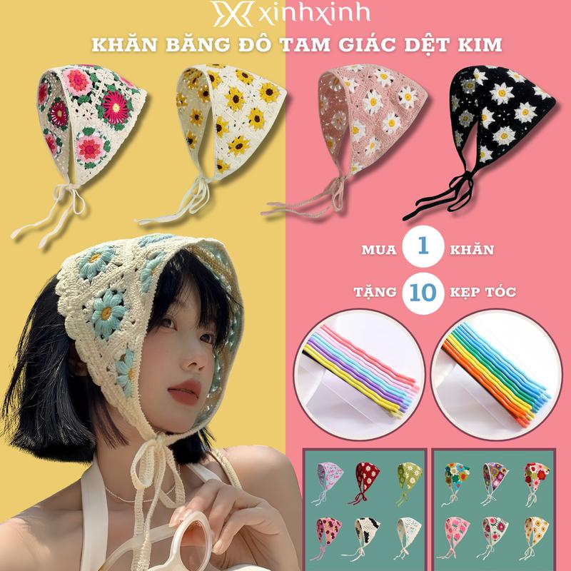  Khăn Băng Đô Len Tam Giác Dệt Kim Trùm Đầu Phong Cách Vintage Ngọt Ngào - Tặng Kèm Kẹp Tóc 