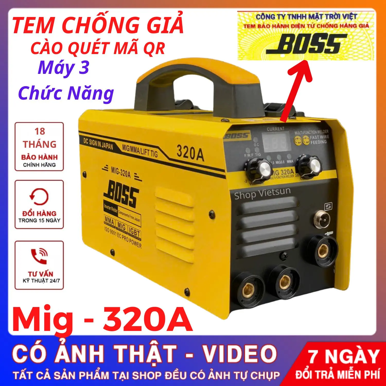 Máy hàn Mig 3 chức năng Boss 320A, Hàng chính hàng Nhật Bản