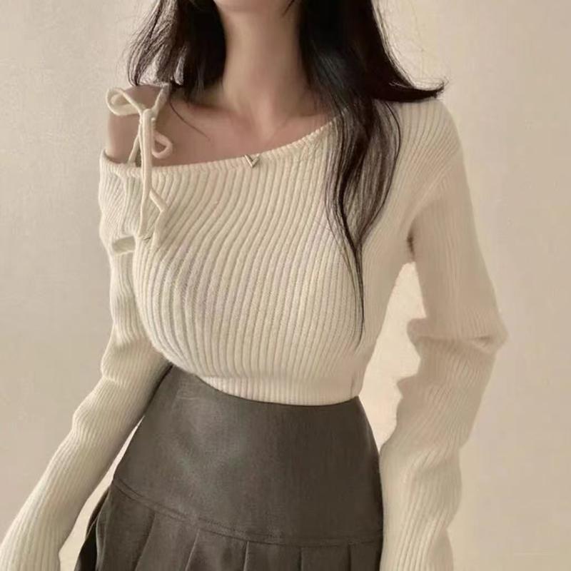 Áo Len Buộc Dây Trễ Vai Bất Đối Xứng Phong Cách Hàn Quốc, Áo Áo Chui Đầu Nữ, Đồ Len, Thích Hợp Cho Mùa Thu Và Mùa Đông Top Women 4