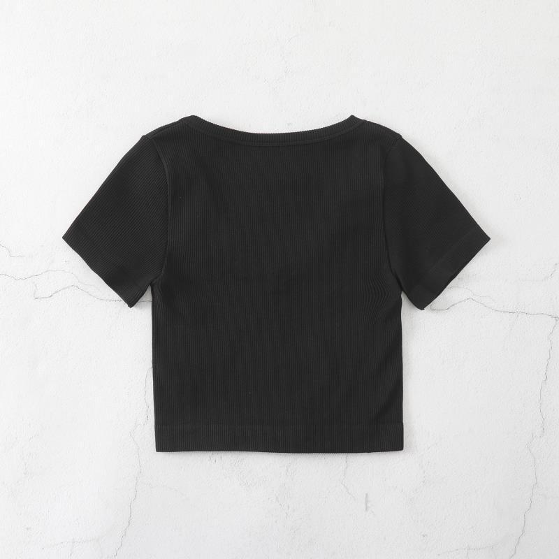 Product Introduction of European and American Yoga Wear Sexy Stretch Yoga Seamless Sports Top Short Sleeve V-Neck Slim Fit Solid Color Ribbed T-Shirt 20