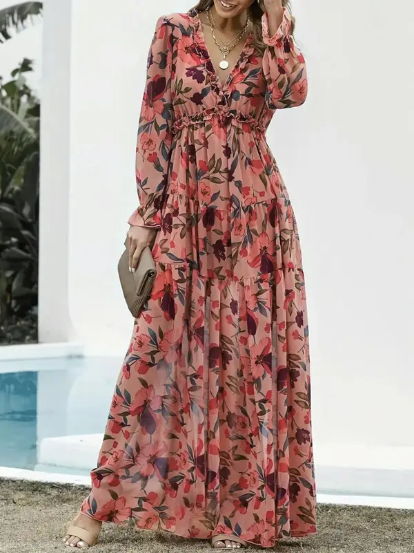 【Plus Size】 Floral Print V Neck Dress, Casual Fashion Long Sleeve Dress for Daily Outdoor Wear, Women Clothing for Spring Fall, Spring Dresses 6