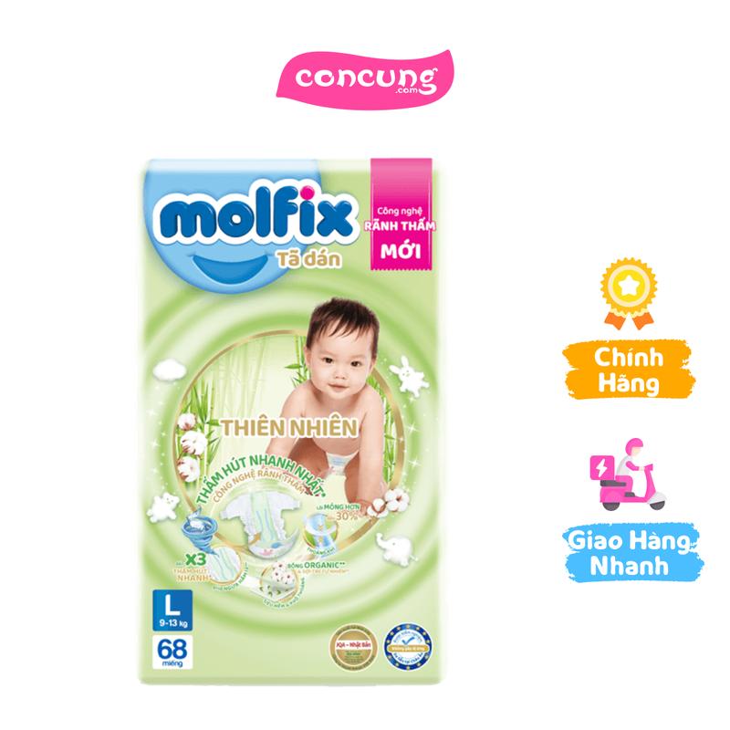 Bỉm tã dán Molfix thiên nhiên size L 10-14kg 68 miếng (giao bao gì ngẫu nhiên)