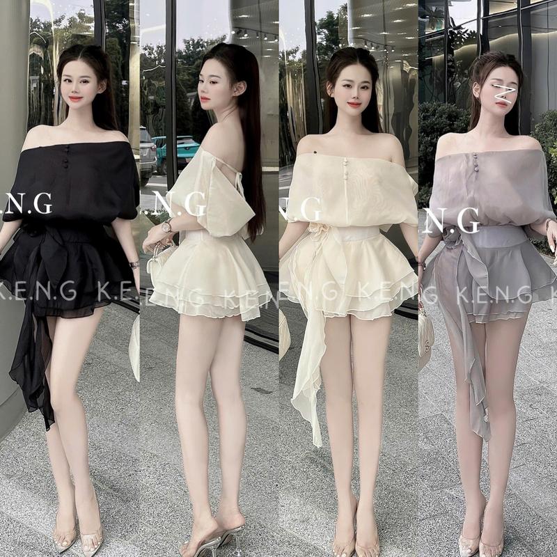 Đầm tơ trễ vai hở lưng phối cváy xoè tầng hoa tà bèo Nữ Women Áo Top váy tiệc