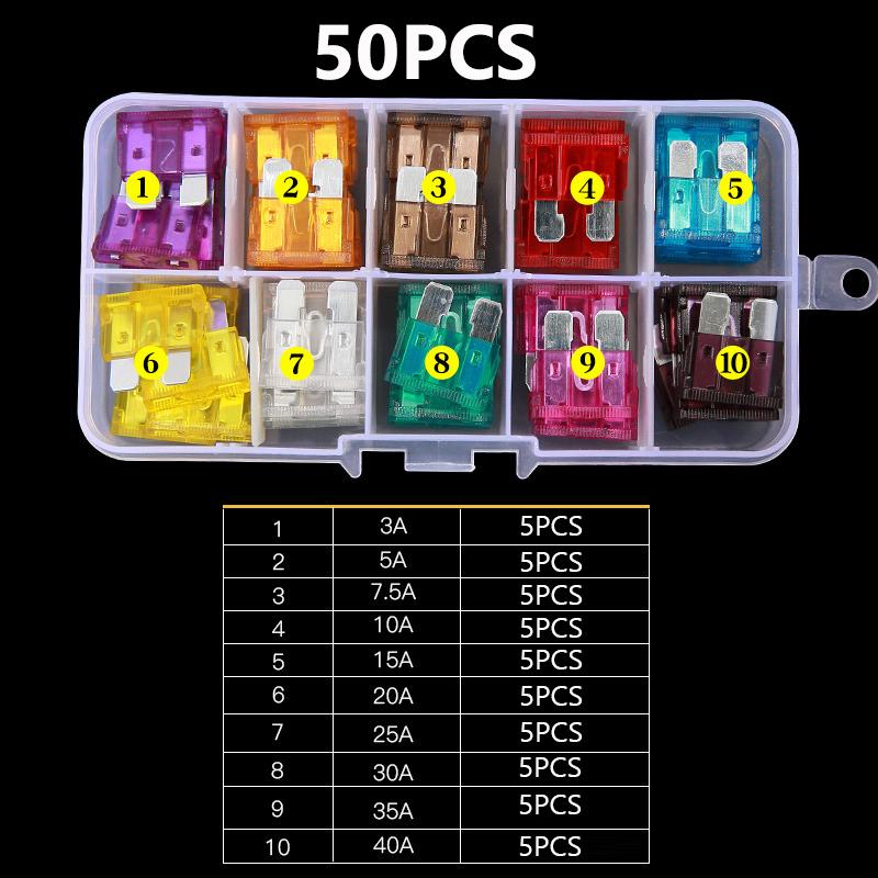 Product Introduction of Spot Goods COD 100/50pcs Car Fuse Assortment Set Profile Middle Size Blade Type Fuse Auto Car Truck 2-35A Fuse with Box Clip 16