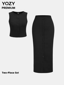 YOZY Women's Solid Button Front Sleeveless Top & Pencil Skirt Two-piece Set, Elegant Fashion Casual Two Piece Outfits for Work Office Business, Ladies Clothes for All Seasons, Tummy Flattering
