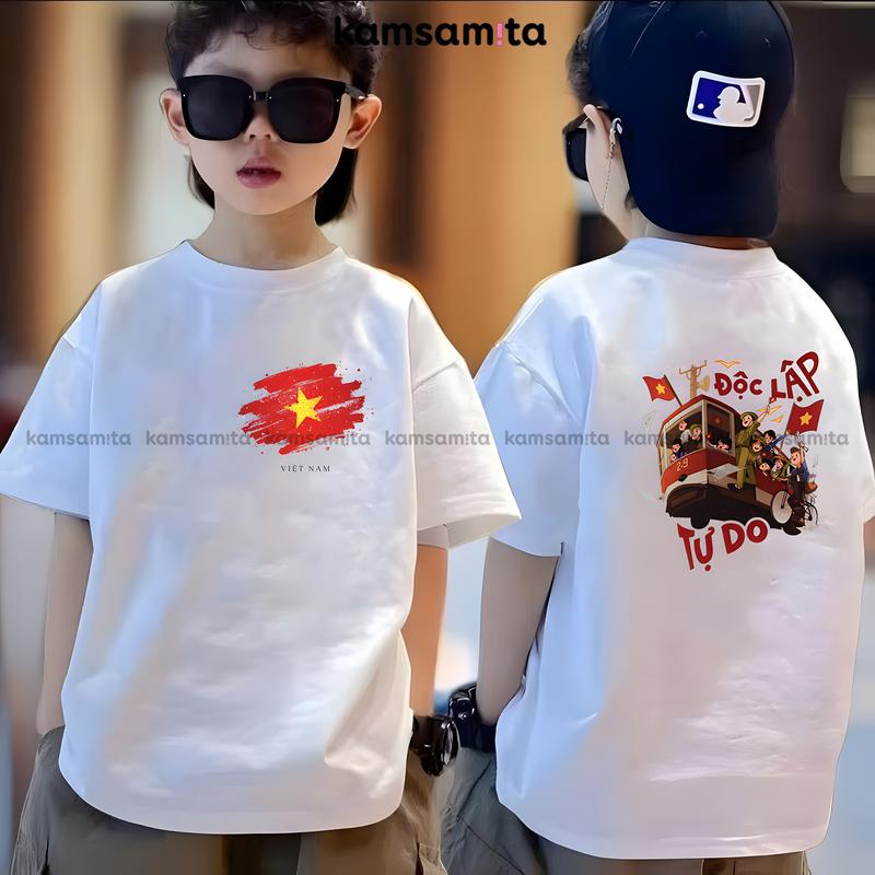 [12-90kg] Áo cờ đỏ sao vàng Việt Nam, áo thun yêu nước cho bé cao cấp KAMSAMITA form Regular bản đặc biệt in ngực và lưng áo trắng vải cotton premium chính phẩm 95% cotton 5% spandex co giãn 4 chiều cộc tay cho bé 2-10 tuổi mặc hè thoáng mát
