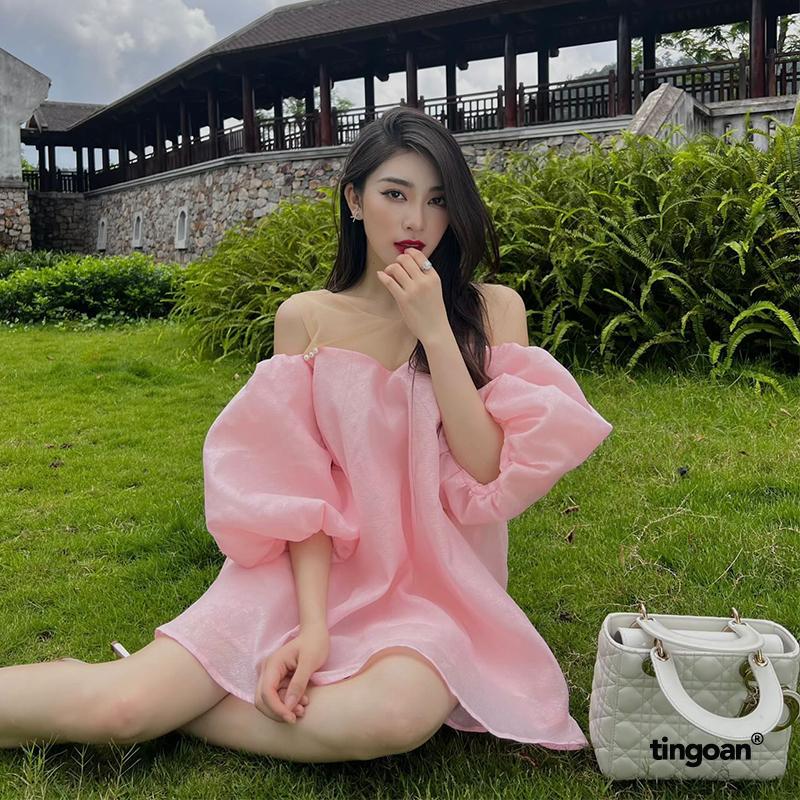 TINGOAN - Áo trễ vai babydoll phối lưới fg vân nổi nm hoa hồng 3 lớp vải ROSIE ANGLES TOP/PK