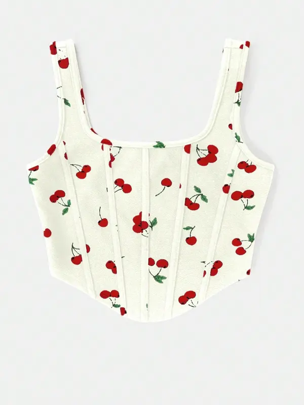Women's Cherry Print Crop Tank Top, Cute Casual Sleeveless Crop Top for Summer, Fashion Women's Top for Daily Wear 1