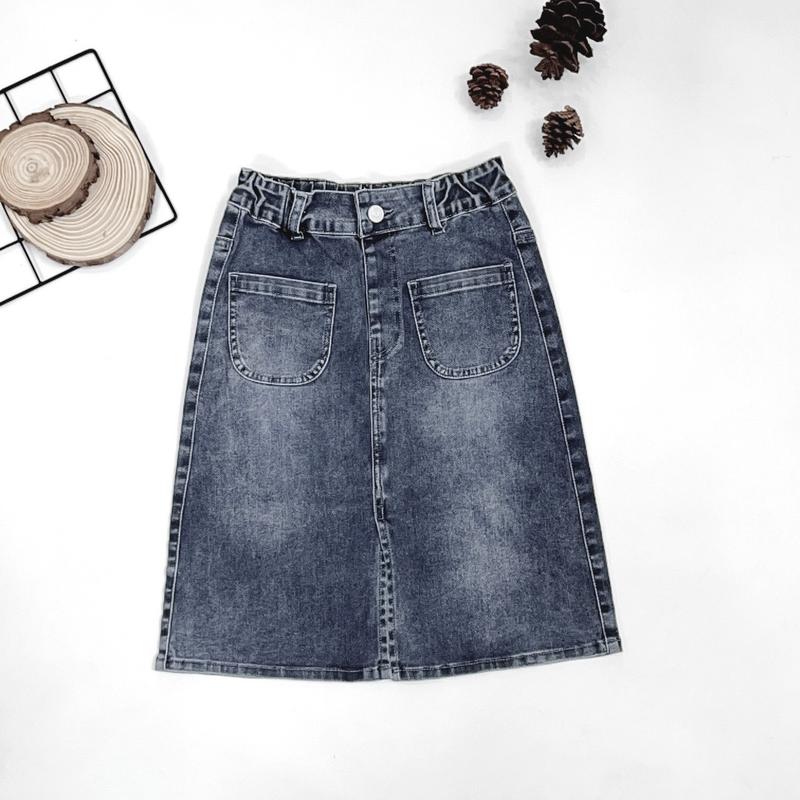 CHÂN VÁY JEAN 2 TÚI TRƯỚC 2 TÚI SAU Nữ Women Khuy - Màu xanh đen đậm và xanh xám khói