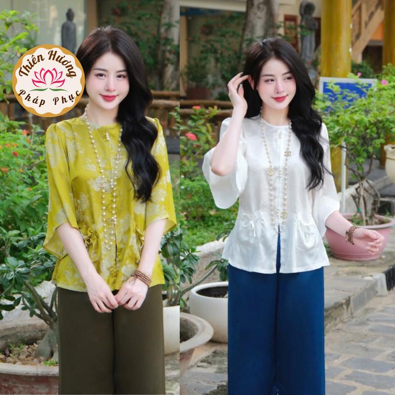 Pháp phục đi chùa cổ tròn túi tiền lụa gấm vân hoa Đồ bộ đi chùa tay loe Đồ lam đi lễ tiểu thư gấm mềm mát