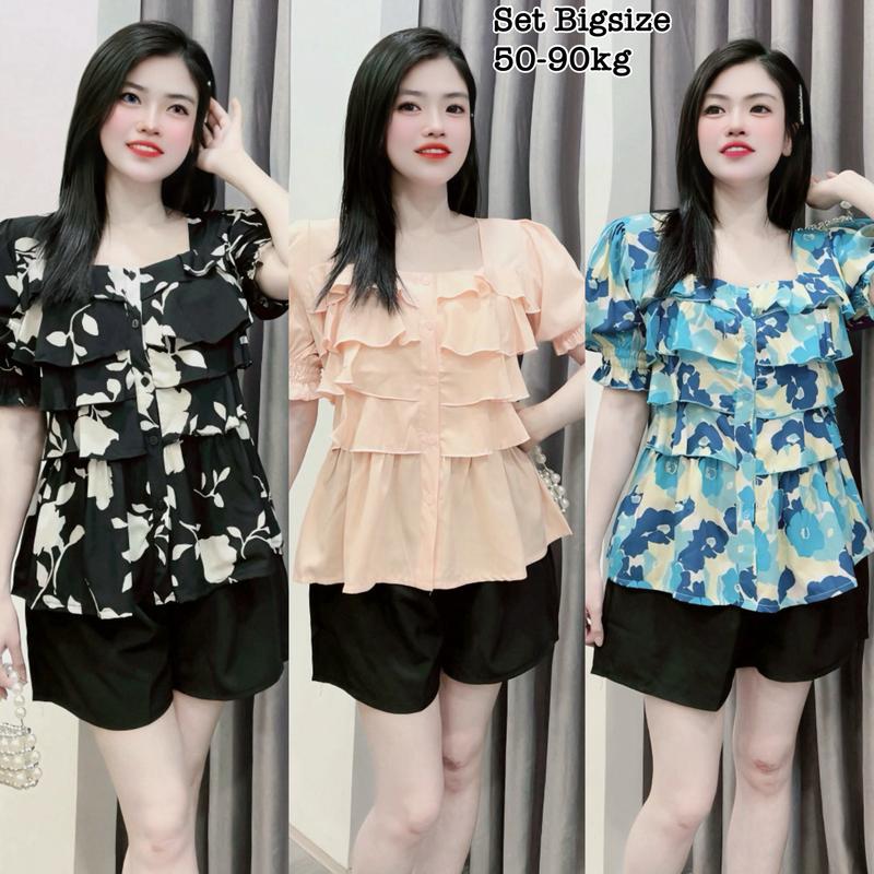 (HCM) Sét Bigsize Thiết Kế Đón Tết Tay Ngắn Cổ Vuông Áo Nhún Tầng Vải Lụa Cao Cấp, Thời Trang Bigsize Nữ đẹp Sang Chảnh Freesize 50-100kg Ennhocobigsize Nhung Women Đen  set bộ big size noel bộ dsq mùa đông set đồ nữ bigsize đồ tết 2024 cho nữ To - 2135