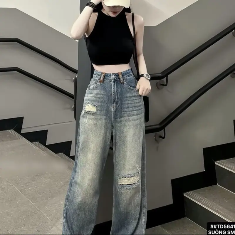 (S-2XL) Quần Jean Suông Phối Đai Eo Dài 103cm và 95cm J143 Khuy Women Pants 1