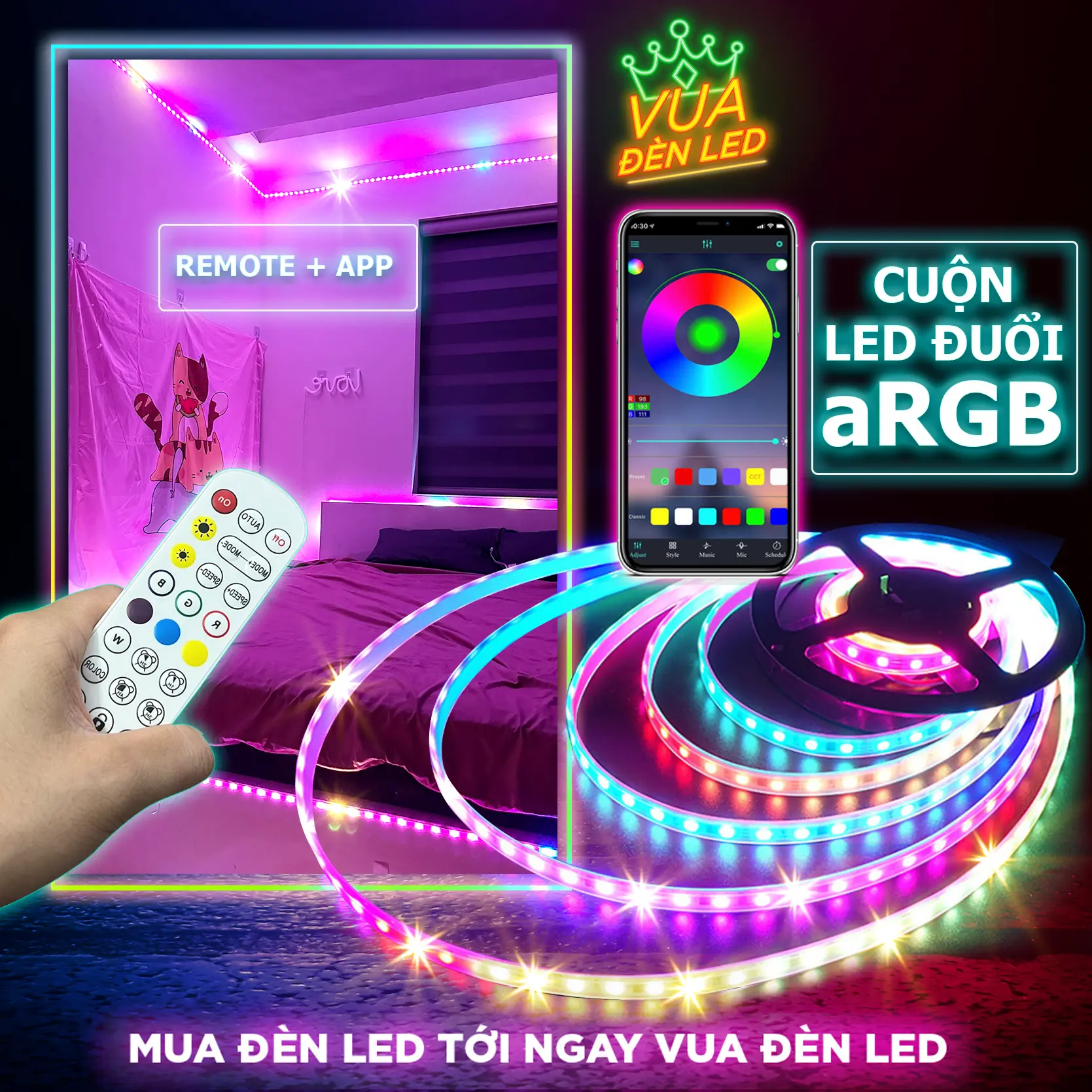Dây đèn led đuổi aRGB 2M 5M 16 triệu màu, cảm biến âm thanh trực tiếp, điều khiển bằng điện thoại, chống nước IP65 cao cấp