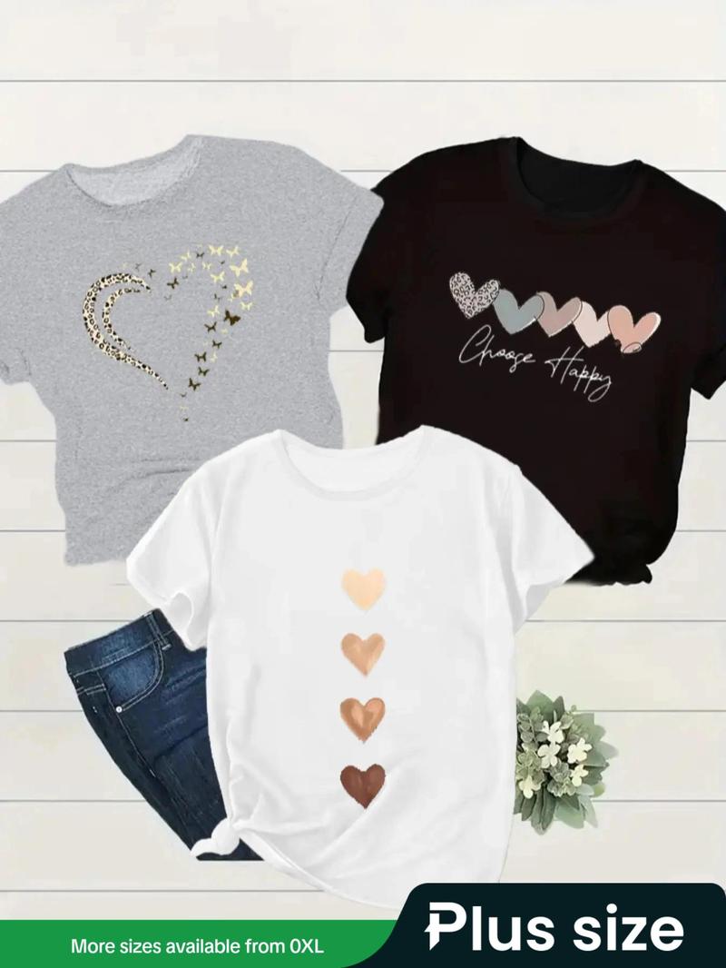 Product Introduction of 【Plus Size】 Heart Print Round Neck Tee, Casual Short Sleeve Crew Neck T-shirt for Summer, Women's Plus Clothing for Daily Wear 1