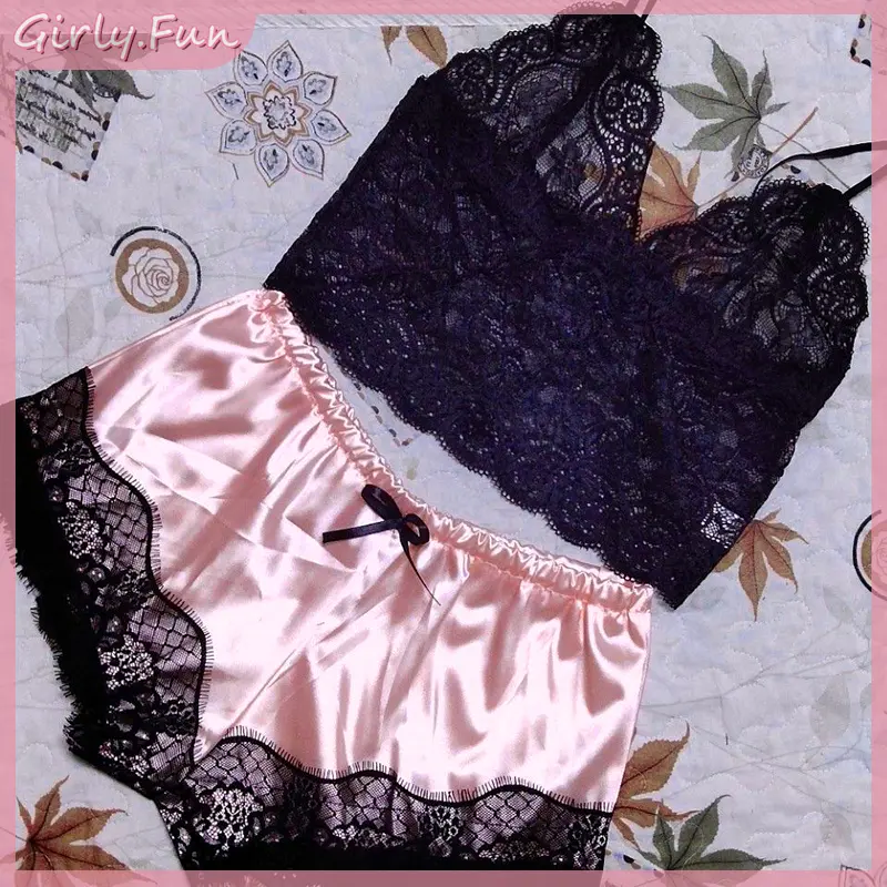 1 Pajamas Set Womens Lace Sleepwear Lingerie Crop Tops And Shorts Babydoll Pajamas Underwear Nightwear