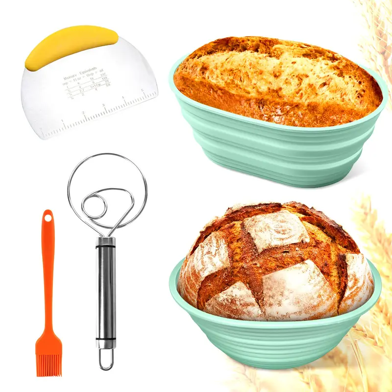 Silicone Bread Basket Set, 5 Counts/set Including Round & Oval Bread Basket & Baking Tools, Complete Set for Bread Making 0