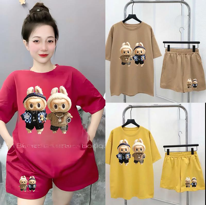 Sét Bộ quần Áo phông nữ unisex in hình 2 chú LABUBU, form rộng chất liệu su , thoáng mát thấm hút mồ hôi tốt Women Top áo  capybara Màu Hồng