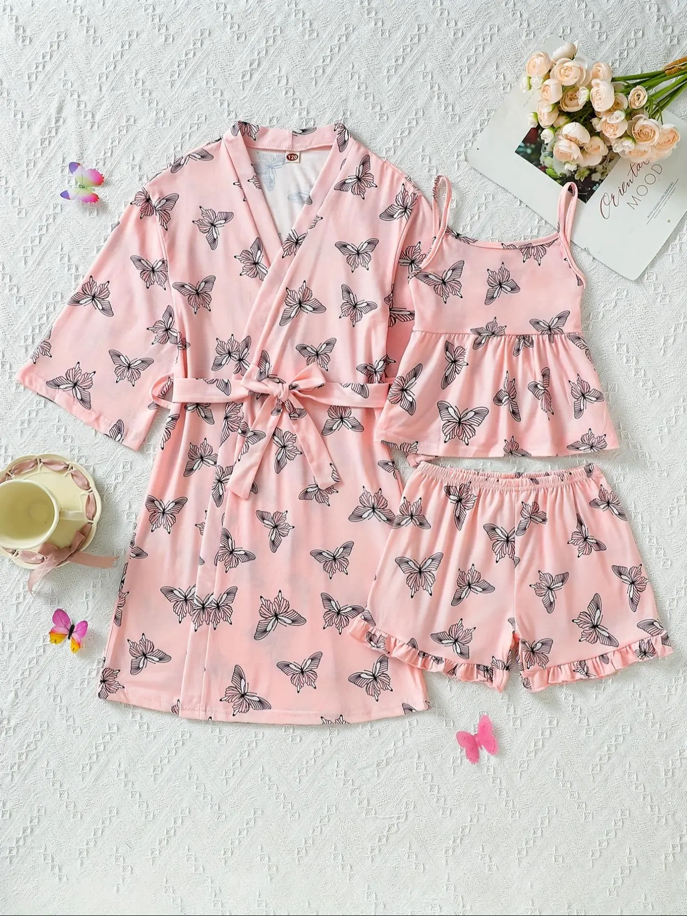 Girl's Butterfly Print Cami Top & Shorts & Belted Robe Three-Piece Set, Casual Soft Comfortable Cami & Shorts & Robe Set for Daily Wear, Kids Summer Clothes