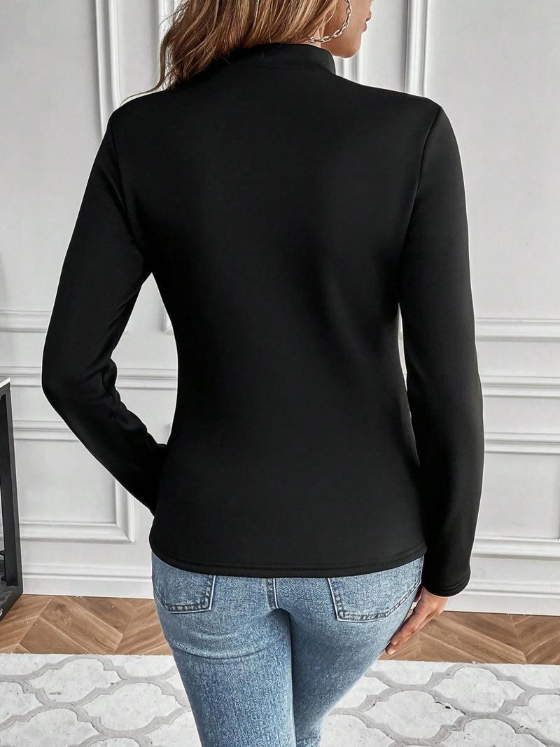 Product Introduction of Women's Plain Mock Neck Long Sleeve Thermal Lined Tee, Elegant Casual T-shirt for Daily Outdoor Wear, Women's Clothing for All Seasons 2