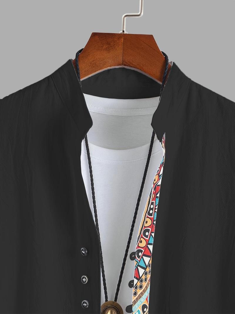 Product Introduction of Men's Contrast Trim Tribal Print Vintage Short Sleeve  Shirt, Regular Fit Casual Comfy Button Front Mock Neck Top for Summer, Fashion Men's Clothes for Daily Wear 8
