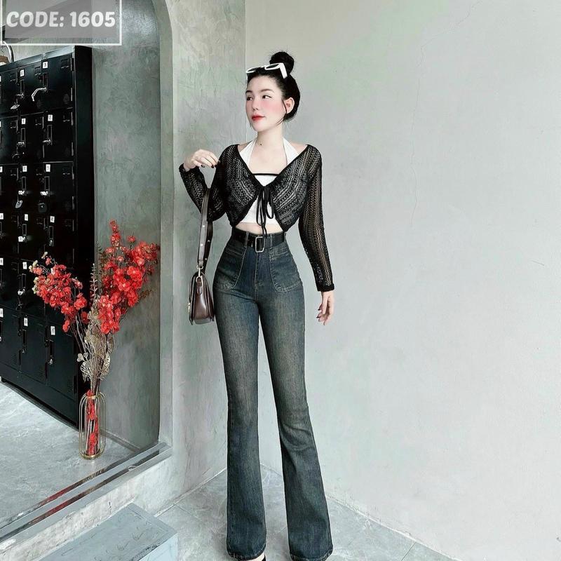 Quần jean loe dài lai cuốn túi đắp co dãn tốt Ống Loe Nữ 0