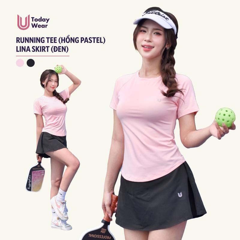 Set đồ tập gym yoga thể thao áo Running Tee Hồng Pastel mix chân váy Lina Skirt Đen Today U Wear Sport Chạy Bộ Pickleball