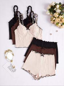 Women's Contrast Binding Lettuce Trim Pyjama Set, Frill Trim Crop Cami Top &  Bow Decor  Shorts Set, Casual Comfy Pyjama Set for Women