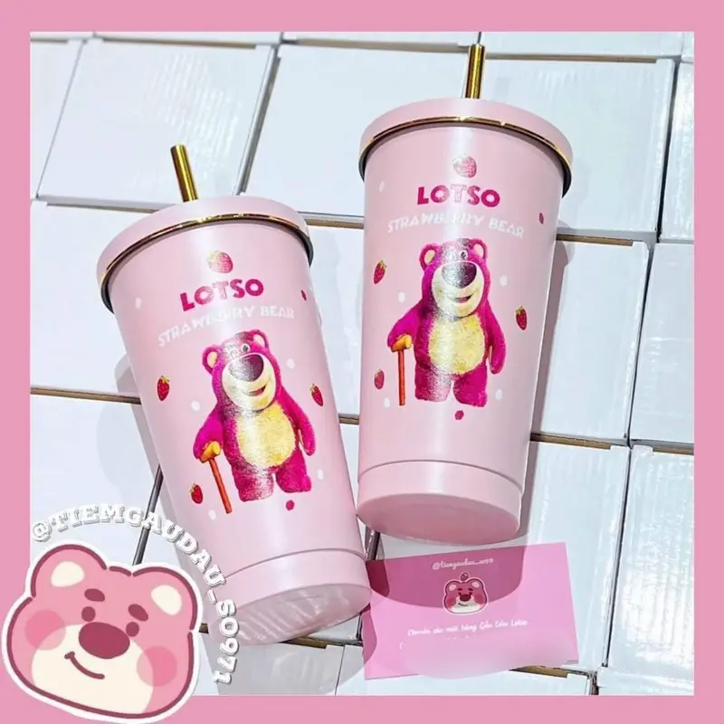 Cốc giữ nhiệt gấu dâu 750ml tặng kèm ống hút 5