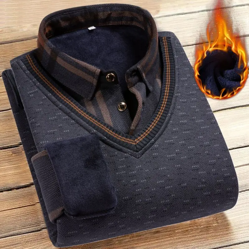 Áo Len Cổ Áo Sơ Mi Giả Hai Mảnh Lót Lông Cừu Dày Dặn / Ấm Áp Cho Nam Áo Khoác Trung Người Già Và Cao Tuổi Áo Len Mùa Đông