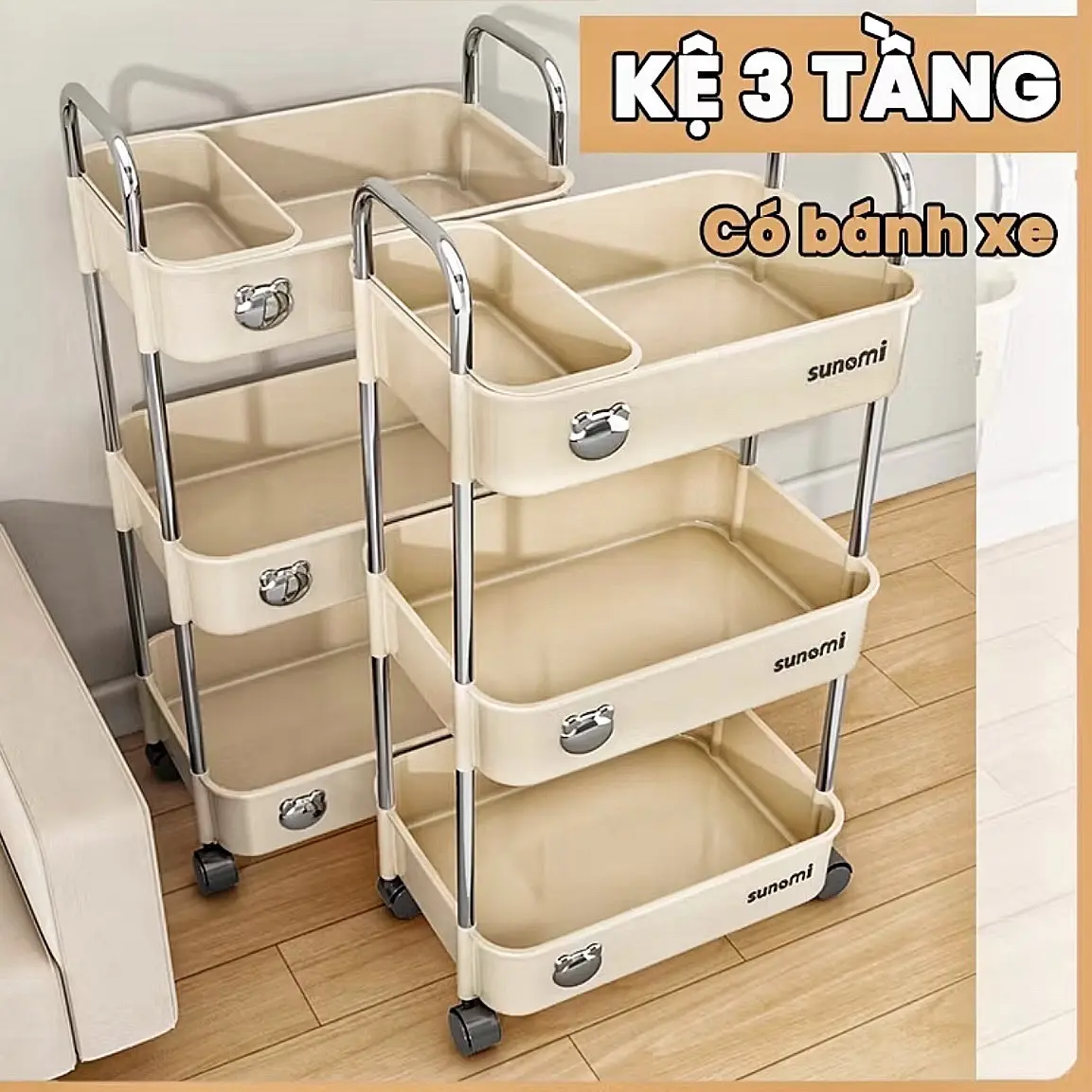 Kệ đựng đồ đa năng Sunmix khay nhựa cao cấp , kệ đựng đồ nhà bếp có bánh xe di chuyển (Loại To)(  Kitchen Inox)