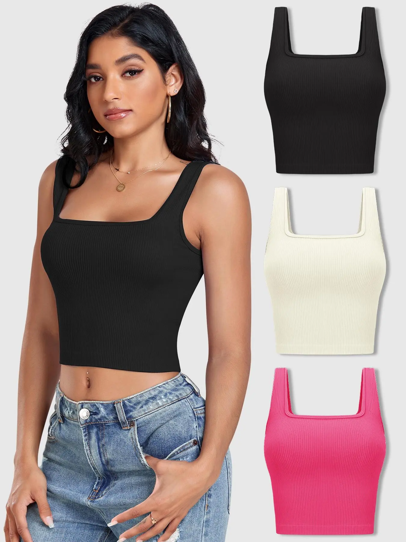 Women's Solid Textured Square Neck Sports Vest, Sporty Sleeveless Crop Tank Seamless Top for Yoga Gym Workout, Ladies Sportswear for Summer