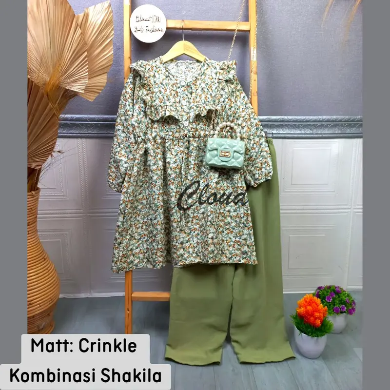 Setelan Anak perempuan motif bunga bahan crinkle airflo kombinasi Shakila usia 7-12 Tahun Oneset Kiyowo 0