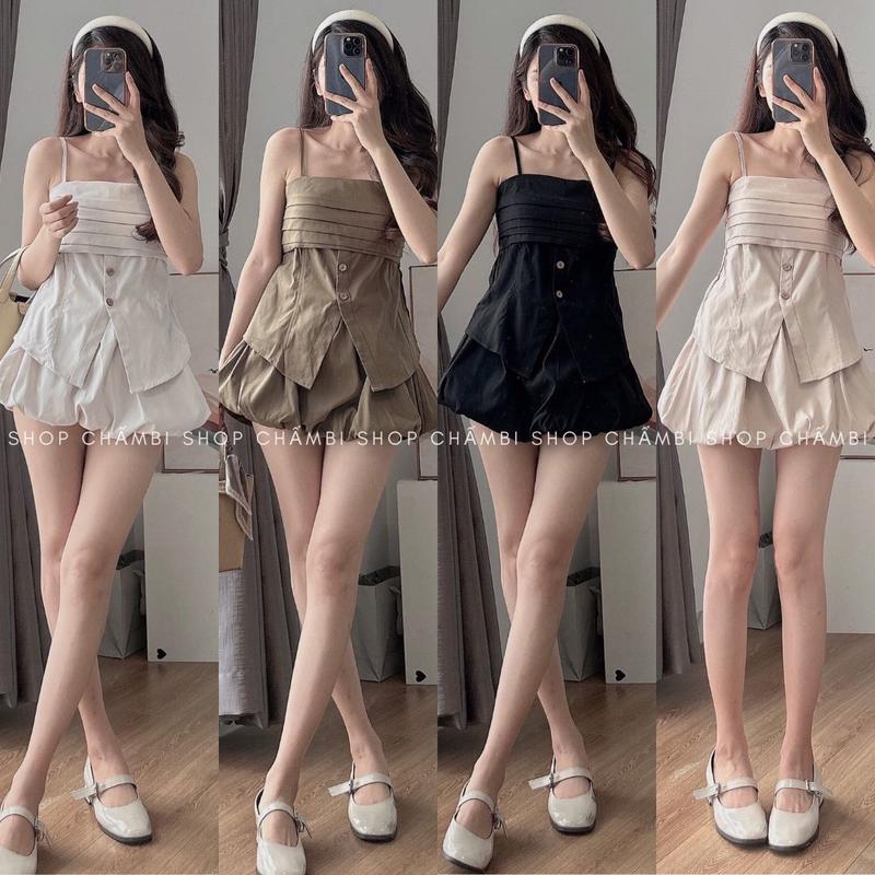 Set đồ nữ đi chơi S.185, Set áo hai dây xếp ly ngực kèm chân váy ngắn hình quả bí phong cách dễ thương - Shop Chấm Bi
