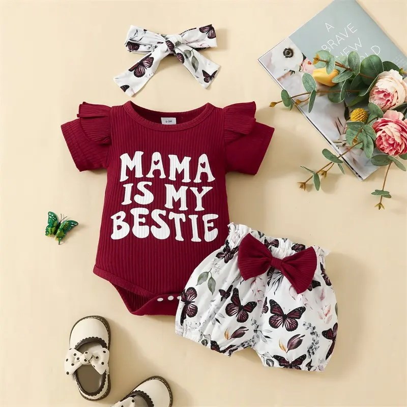 Baby Girls 3Pcs Summer Outfit Short Sleeve Ribbed Romper + Butterfly Shorts + Headband Set Infant Clothes