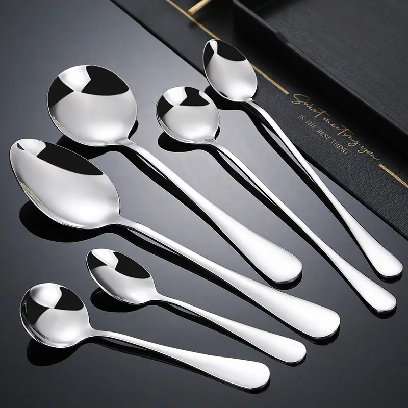 Stainless Steel Spoon Household Thickened round Spoon Dessert Spoon Mirror Bright Western Tableware Tip Spoon Cutlery