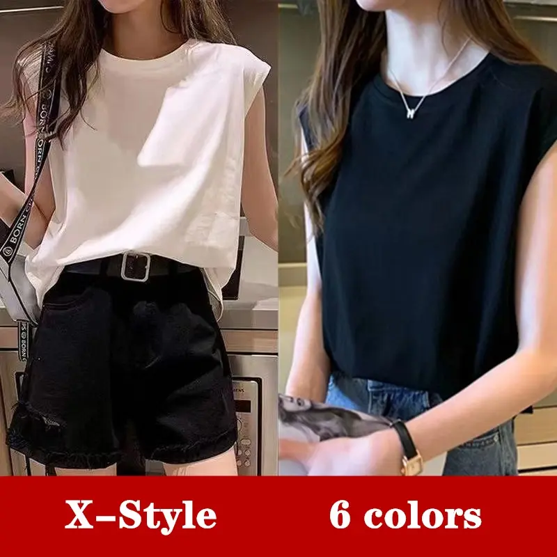 Women's Korean solid color sleeveless loose fashion T-shirt tops[6798]