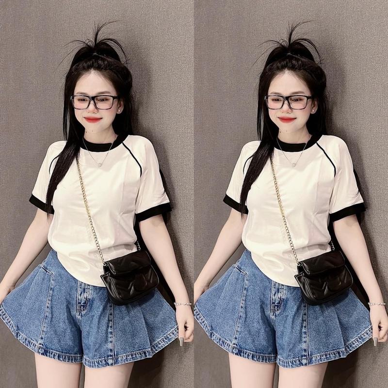 Áo phông ct khô baby tee form vừa phối cổ và tay sọc trước trơn dưới 58kg Top Nữ Cổ Tròn Women