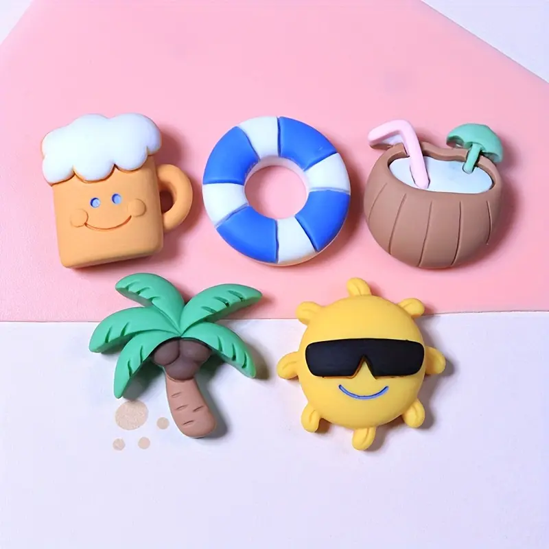 5pcs Summer Sunset Beach Themed Resin Magnets - Adorable Beach Accessories with Palm Tree, Sun, Cocktail, and Lifebuoy Designs - Ideal for Kitchen Fridge & Desktop Decor - Perfect for Christmas, Halloween, Thanksgiving, Valentine'S Day, Graduation, Gradua